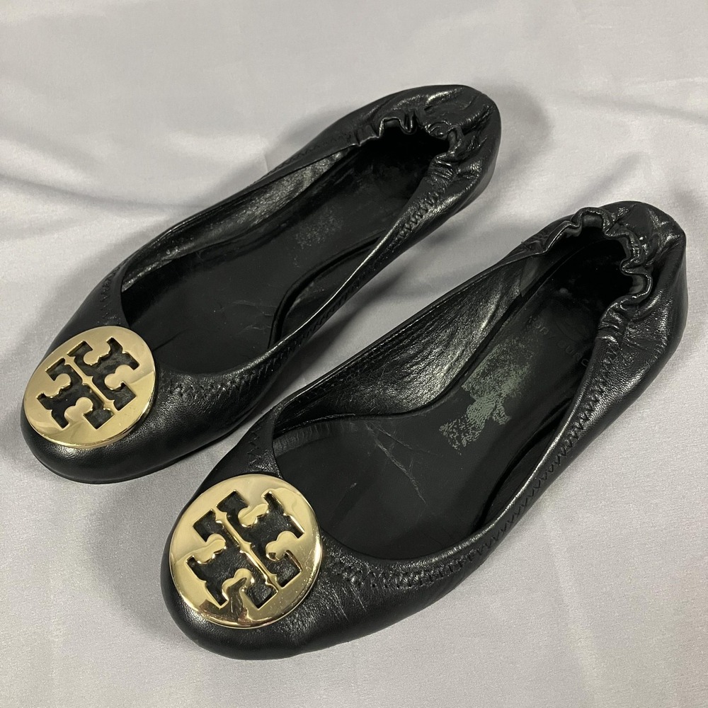 Tory Burch Reva Ballet Flats Womens Size 6 Black‎ Leather Gold Logo Shoes